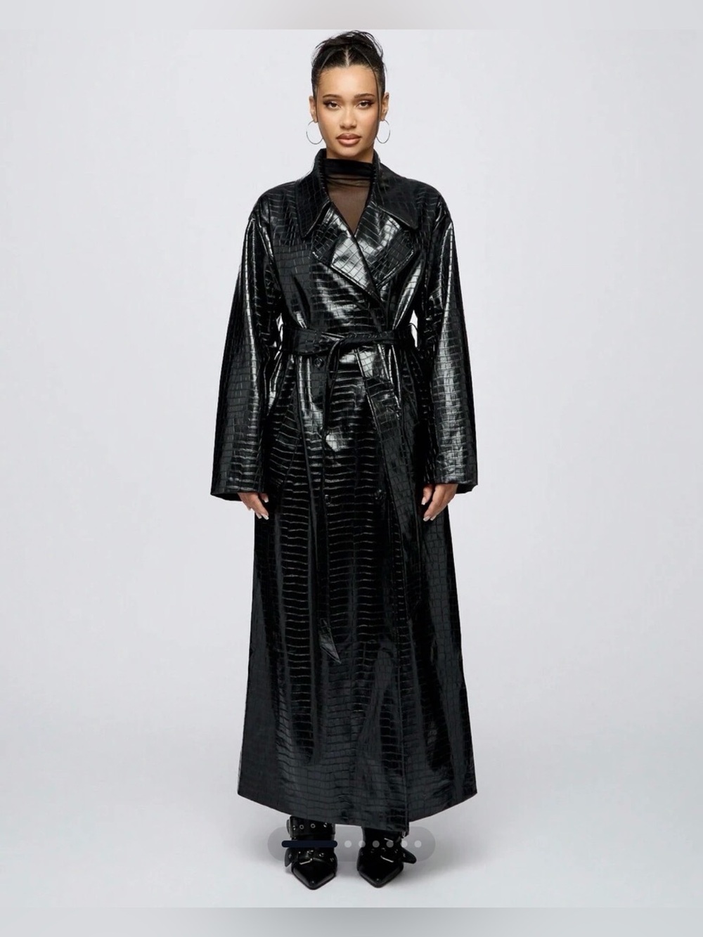 Missguided Black Croc-Embossed Long Trench Coat